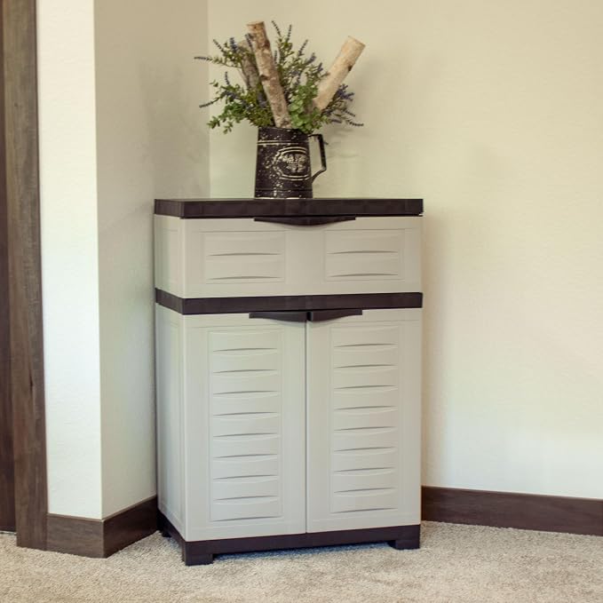 Sunnydaze 34.5" Garage Storage Cabinet with Adjustable Shelf, Gray | Heavy Duty Resin Storage Cabinet Resists Rust & Peeling, Utility Cabinet with Drawer & Anti-Tip Kit for Laundry, Office