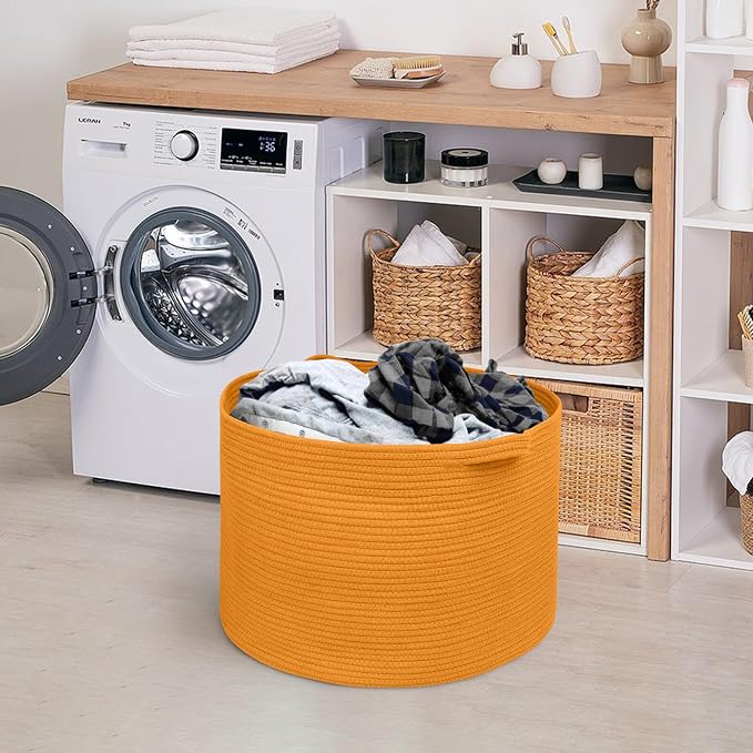 Extra Large Orange Basket, 22" X 22" X 14" Woven Cotton Rope Bins for Blankets, Baby Nursery Wicker Laundry Towel Basket, Kids Dog Toy Storage Box, Big Orange Living Room Decor Organizer