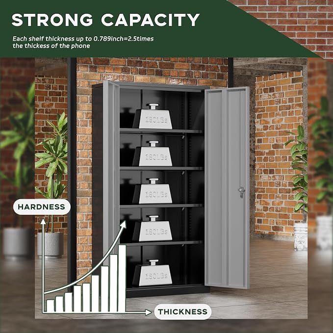 Greenvelly Metal Storage Cabinet, 72" Locking Metal Garage Storage Cabinet with Doors and 4 Adjustable Shelves, Lockable Steel Cabinet for Home Office, Garage, Shop, School (Black Grey 36" W x 18" D)