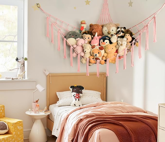 Stuffed Animal Storage Hammock Corner Net - Pink Room Christmas Decor for Teen Girls - Toys Storage Hanging Stuff Animal Organizer Holder Cute Stuff - Boho Nursery Dorm Bedoom Decor Aesthetic