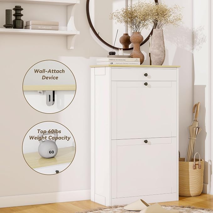 Shoe Storage Entryway with 2 Flip Drawers, Narrow Wooden Shoe Cabinet | Pet-Proof Hidden Shoe Organizer, Narrow Shoe Rack, Adjustable Dividers, Hold 8-10 Pairs, for Entryway Living Room