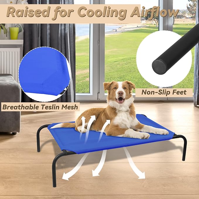 Elevated Dog Bed for Medium Dogs | Dog Cot Bed with Sturdy Steel Frame for Indoor Outdoor Use, Non Slip, Easy to Clean, 43.5 Inches, Blue