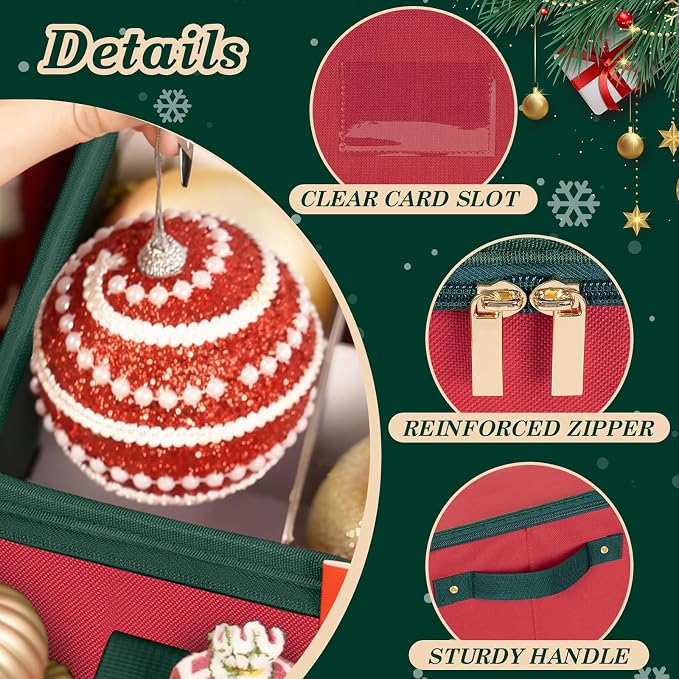 Christmas Ornament Storage Box with Adjustable Dividers Zippered Top Stores up to 72 Holiday Ornaments (3 Inch) Xmas Ball Decorations Organizer Storage Container Bin