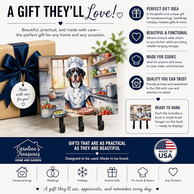 Caroline's Treasures Greater Swiss Mountain Dog The Chef Leash or Key Holder Wall Hooks, Key Hooks Holder, Coat Rack Wall Mount, Coat Hooks, Hooks for Hanging Keys, Towels, Aprons, Leashes | Greater Swiss Mountain Dog The Chef artwork on ceramic tile w...