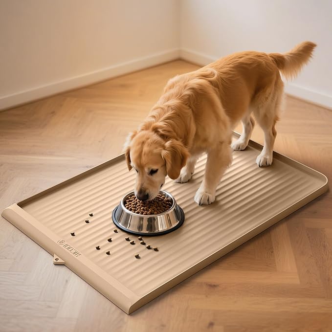 Dog Food Mat 36"x24", Waterproof Dog Bowl Mat, Khaki | Raised Edges Prevent Spills, Diversion Grooves, Waterproof Surface, Non-slip Backing, Easy to Clean
