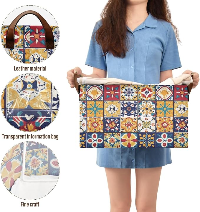 Mexican Spanish Style Colorful Tile Pattern Storage Bins for Shelves with Labels&Handles Fabric Organizer Bin Foldable Rectangle Storage Basket Boxes for Closet, Bathroom, Home, Living Room, 2 Pack