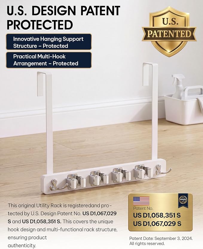 Lorbro Broom Holder Door Mount, Wood Over the Door Broom and Mop Holder | 4 Slots 4 Hooks, No Drill Setup, EVA Protection Pads, Secure Grip, Laundry Garage Closet Kitchen Use, White