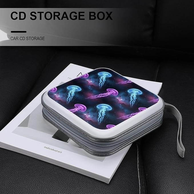 Portable CD Holder Case with Strap Jellyfish, 40-Capacity Hard Plastic Storage Binder, Protective Wallet for Car Office Travel