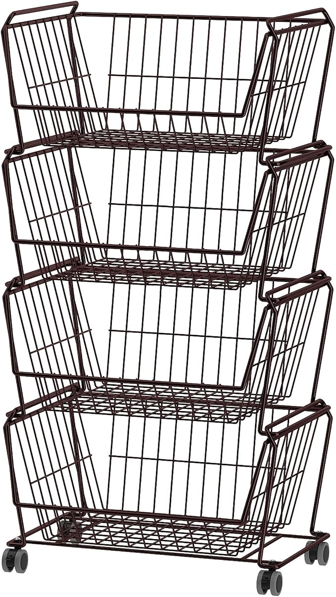PUSDON 4-Tier Large Stackable Wire Storage Baskets with Wheels, Metal Rolling Utility Cart Organizer, Produce Basket for Kitchen Pantry, Floor Shelf, Vintage Bronze