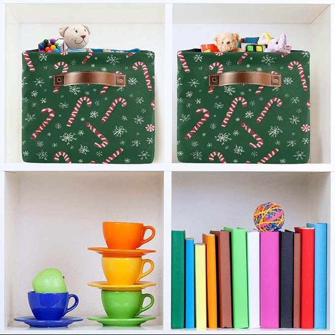 Wamika Christmas Green Storage Basket with Waterproof Liner and PU Handles Winter Candy Cane Snowflake Storage Boxes 14.2" Collapsible Decorative Organizer Baskets for Bedroom Closet Office 1 Pack
