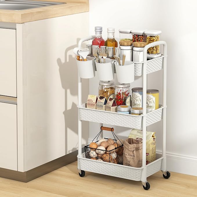 MOYIPIN 3-Tier Plastic Rolling Utility Cart with Handle,White | Utility Storage Cart for Office, Living Room, Kitchen,Movable Storage Organizer，Easy installation，Rattan-like art design