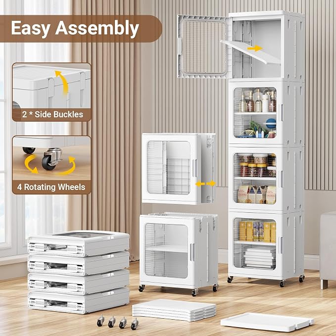 BROVIEW 4-Tier Tall Narrow Storage Cabinet 14.6” Wide, Slim Bathroom Cabinets with Adjustable Shelves and Doors, Plastic Kitchen Pantry Organizers and Storages for Small Space, Laundry, White