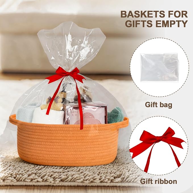 WILLITAT Orange Basket for Gifts Empty, 13"x 9"x 5" Small Woven Gift Basket with Bag and Ribbon, Cotton Rope Dog Cat Toy Bin Box, Cute Baby Nursery Organizer, Decorative Storage with Handles, Orange