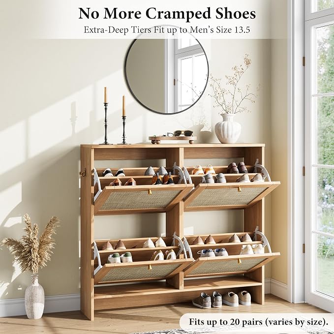 Modern Rattan Shoe Cabinet, 4 Flip Drawers & Adjustable Shelves, Ultra Slim Freestanding (9.5” Deep), Holds 24+ Pairs, Narrow Shoe Storage Cabinet with Anti-Tip Safety,Sun-Drenched Ambe