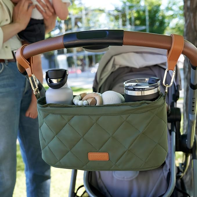 Beautiful Stroller Caddy Organizer With 2 Cup Holders - Zipper Pocket Bag | Luxury Stroller Bag with Universal Fit and Leather Straps - Spacious Accessories Perfectly Fits Doona, Nuna and Uppababy