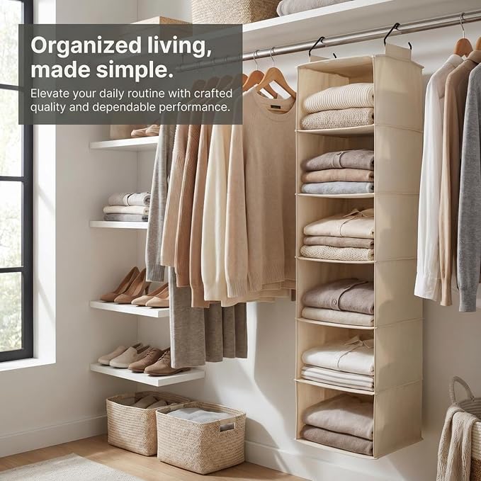 Household Essentials Cedarline 6‑Shelf Hanging Closet Organizer in Heavy‑Duty Cotton Canvas, Cream
