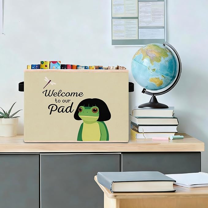Frog Welcome Storage Bin, Foldable Fabric Organizer Basket | Frog welcome storage bin with “Welcome to our pad” text, soft green background, foldable fabric and handles.