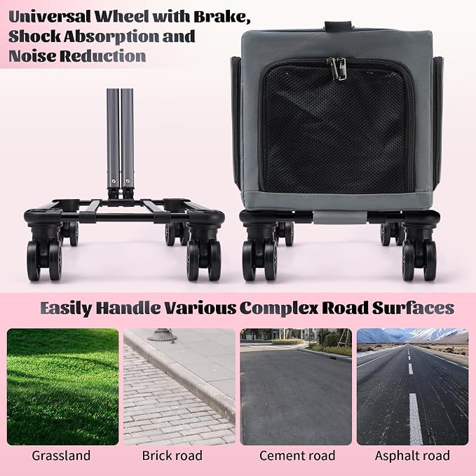 3-Sided Expandable Rolling Pet Carrier with Wheels, Small Cat Dog Travel Carrier, Foldable Portable Bag Grey Pink for Travel Camping Vet Outdoor Indoor Use