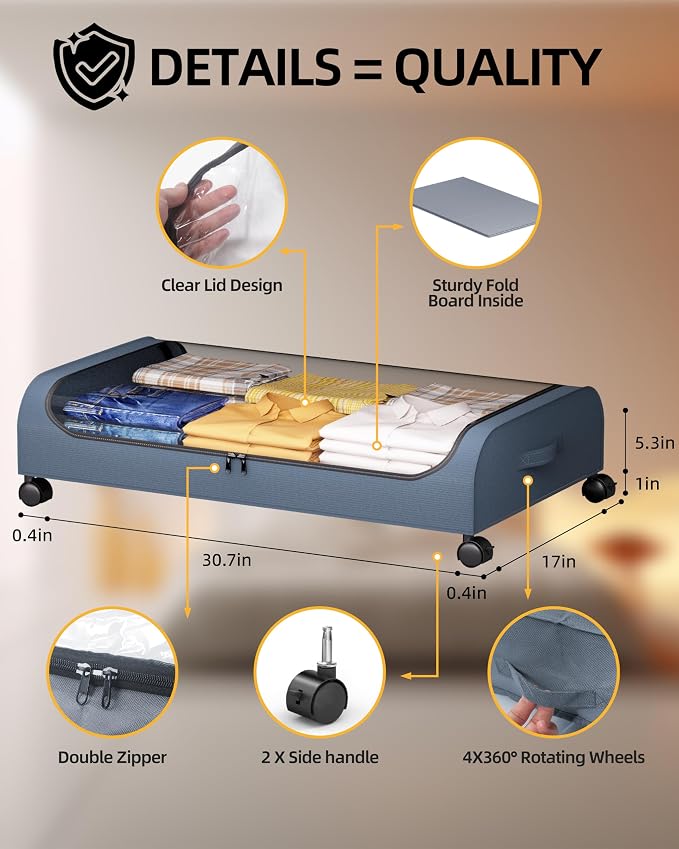 Under Bed Storage with Wheels, 4 Pack Curved Under Bed Storage Containers, 60L Under The Bed Storage Bins, Rolling Under The Bed Storage Metal Drawer for Clothes, Blankets, Shoes-Gray
