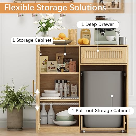13 Gallons Pull Out Trash Can Cabinet with Storage, Natural Oak | Fluted Kitchen Trash Cabinet with Adjustable Shelf & Drawer, Hidden Wood Pet Proof Trash Can Holder for Laundry, Living Room