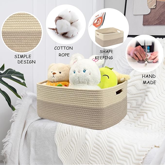 COMFY-HOMI Cotton Rope Woven Basket with Handles for Shelves,Toys,Book, Cloth Storage Baskets Bin for Organizing- 1 PCSToy Decorative Organizer for Living Room, Bathroom 17" x 13" x 7.5"