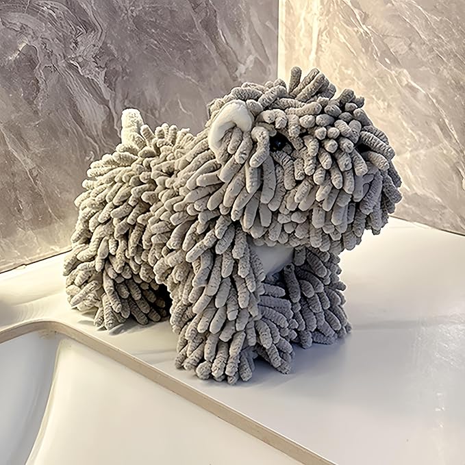 Cute Puppy Chenille Hand Towel for Bathroom Kitchen 10.2x5.1 Inch Fluffy Soft Absorbent Chenille Towel Funny Hand Towels Gift for Women Dog Lovers (Grey)