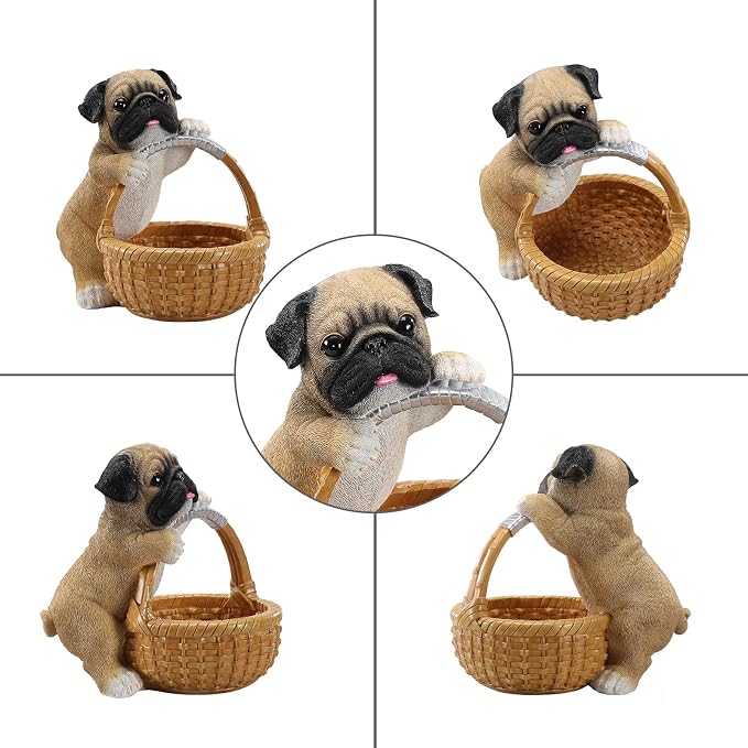 Cute Pug Candy Bowl, Resin Dog Figurine Key Bowl for Entryway Table, Desktop Storage Basket Organizer for Desk, Unique Pug Lover Gift