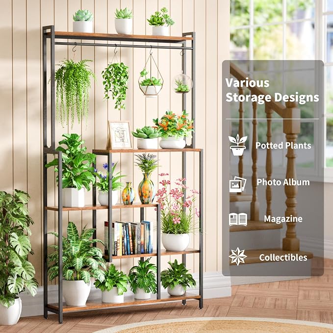 MJOMKN Large Plant Stand Indoor with Grow Light, 72" Tall, 5 Tiers | Metal Plant Shelf, 12 Pots Holder, Heavy-Duty Rectangle Display Rack, For Living Room, Patio, Corner