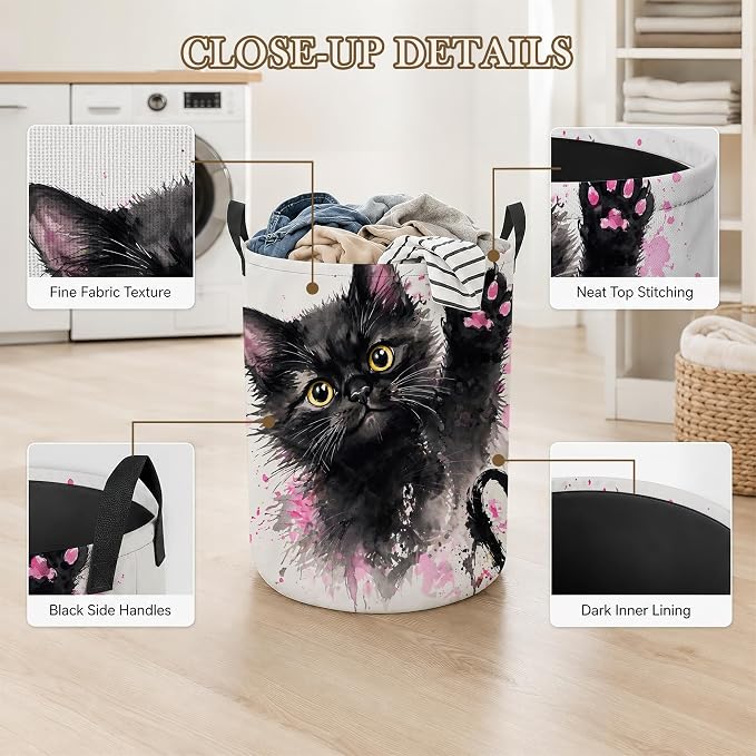 Black Kitten Laundry Basket Oxford Cloth Pink Paw Laundry Hamper With Handle Foldable Portable Clothes Storage Basket Storage Bag For Laundry Room/Bathroom/Bedroom/Dormitory 20.8"x16"