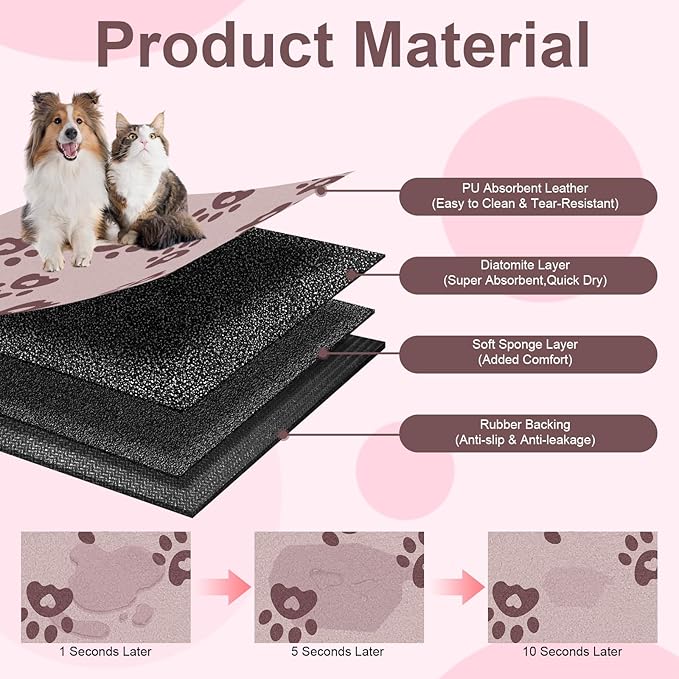BLESWIN Pet Feeding Mat 16"x24", Absorbent Pet Food Mat, Dog Food Mat Large, Rubber Dog Mats are Non-Slip and Waterproof to Protect Floors, Mat for Cat Food and Water Bowls, Cat Feeding Mat, Pink
