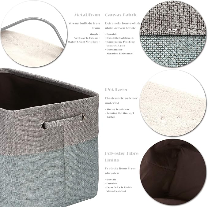 Sea Team Large Rectangle Canvas Open-Top Storage Baskets, 3-Pack | Collapsible Fabric Storage Bins with Handles, Closet Shelf Organizers, 15 x 10 x 10 Inches, Stone Blue & Gray