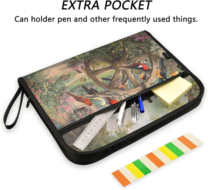 Birds on The Wagon Wheel Expanding File Folder with Sticky Labels, 13 Pockets Accordion File Folder Document Organizer Expandable Zip File Folder with Zipper Closure
