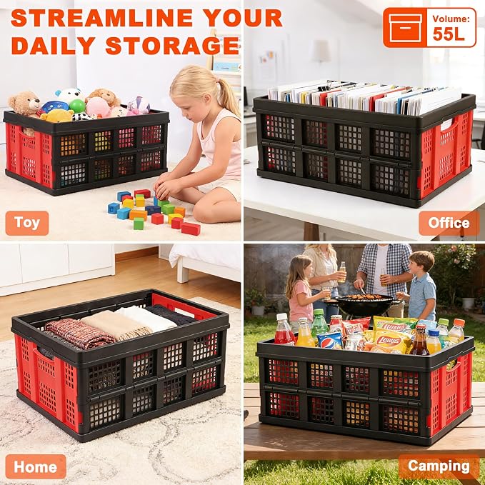 55L Collapsible Storage Bins with Handle 3 Packs, | Stackable Platic Storage Crates for Organizing Tools, Books, Food, Drinks, Camping & Home