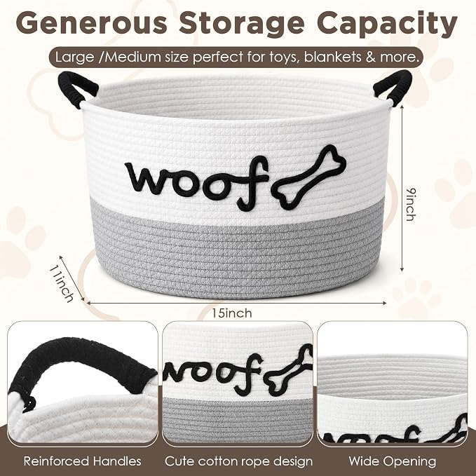 Zhehao Dog Woven Toy Basket with Handles, 15 x 11 x 9 in, White Gray | Cotton Rope Dog Toy Storage Bin, Pet Basket with Woof Bone Embroidery, for Puppy Bone & Blankets