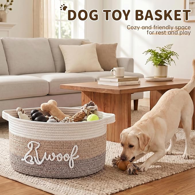 OIAHOMY 30L Large Dog Toy Basket, 17.8"×13"×10" Cotton Rope Basket with Cute Woof Embroidery, Soft Woven Pet Toy Box with Handles for Blankets, Leashes & Puppy Accessories, Decorative Organizer Brown