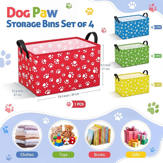 FoldTier 4 Pcs Dog Paw Storage Baskets Empty Collapsible Dog Toy Organizer Bins Puppy Storage Bin with Handles for Pet Toys Books Clothes Gifts Containers Home Rooms Decor(Paw)