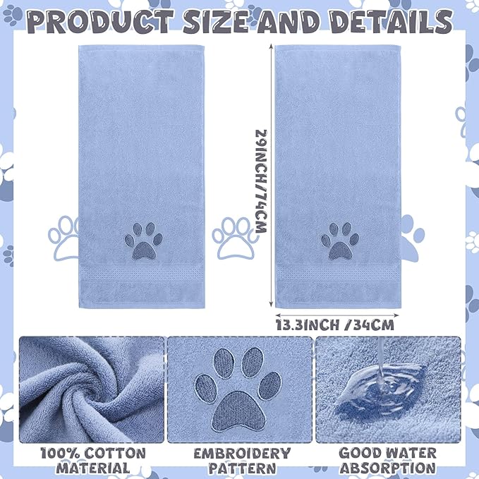 SmoothNovelty 2 Pcs Dog Paw Hand Towels Blue Bathroom Decor 13 x 29 Inch 100% Cotton Embroidered Hand Towels Soft Absorbent Farmhouse for Kitchen Restroom