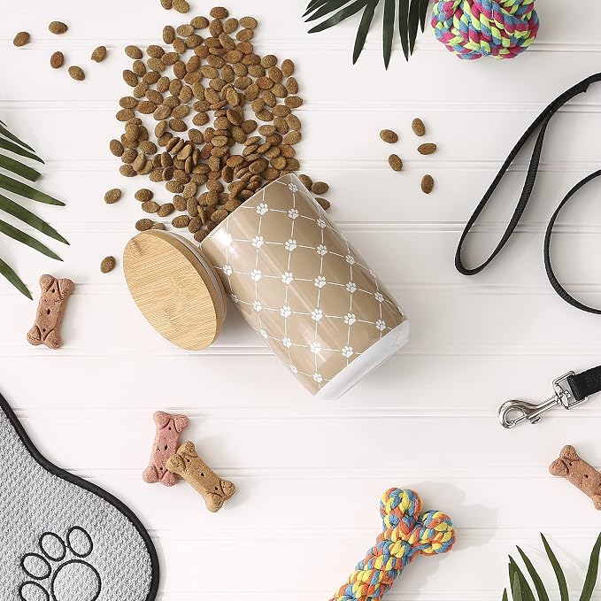Bone Dry Trellis Paw Print Pet Treat Canister with Bamboo Lid Dog & Cat Treat Jar for Countertop Storage, Keep Training Bones & Biscuits Handy, 4x6.5 inches, Taupe
