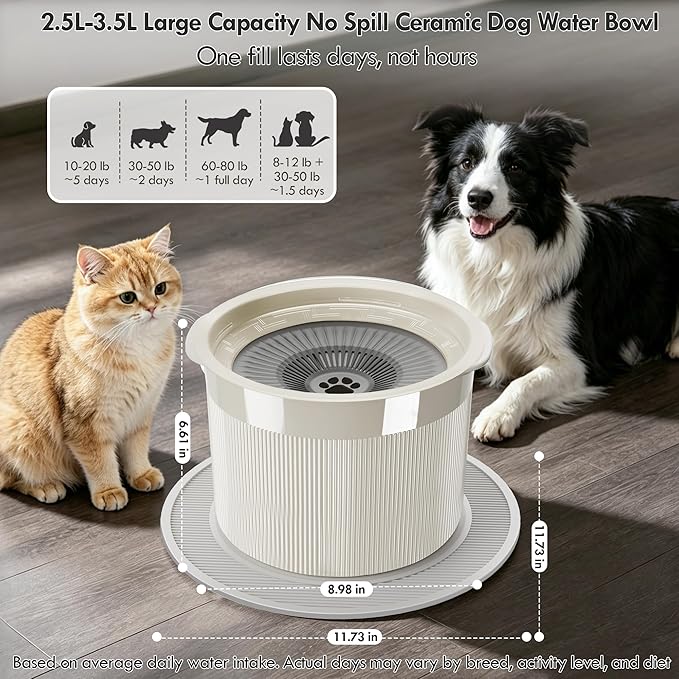 No Spill Ceramic Dog Water Bowl, Large Capacity Slow Drinking Bowl with Floating Disk & Filter, Heavy Duty Anti-Slip Bowl for Small to Medium Dogs, Cats & Multi-Pet Homes Indoor Outdoor