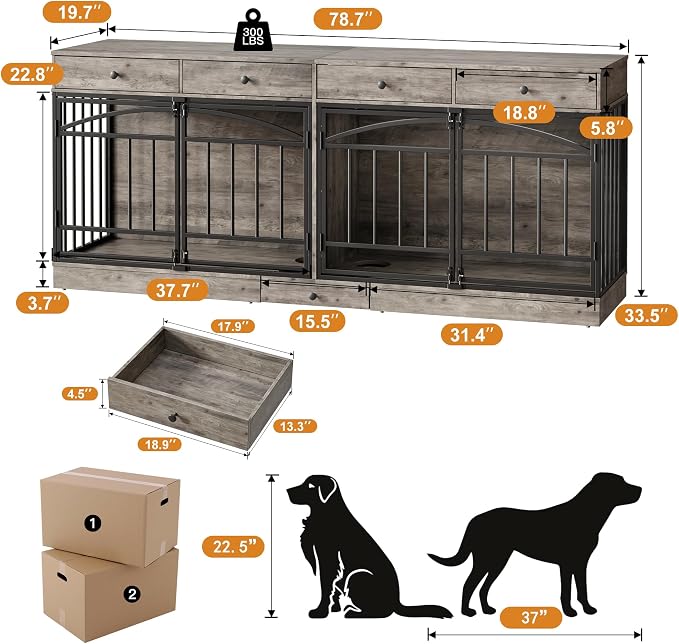 IDEALHOUSE 78.7" Double Dog Crate Furniture with Storage and 4 Doors, Grey | Dog Kennel Indoor with Feeding Bowls, Wood Dog Crate TV Stand for Small Medium Dogs