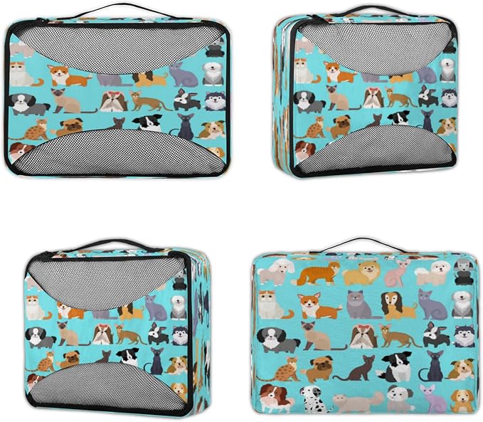 Cute Cat Dog Packing Cubes for Travel, Luggage Packing Organizers, Set Funny Puppy Kitten Travel Accessories Large Toiletries Bag for Clothes Shoes Cosmetics Toiletries