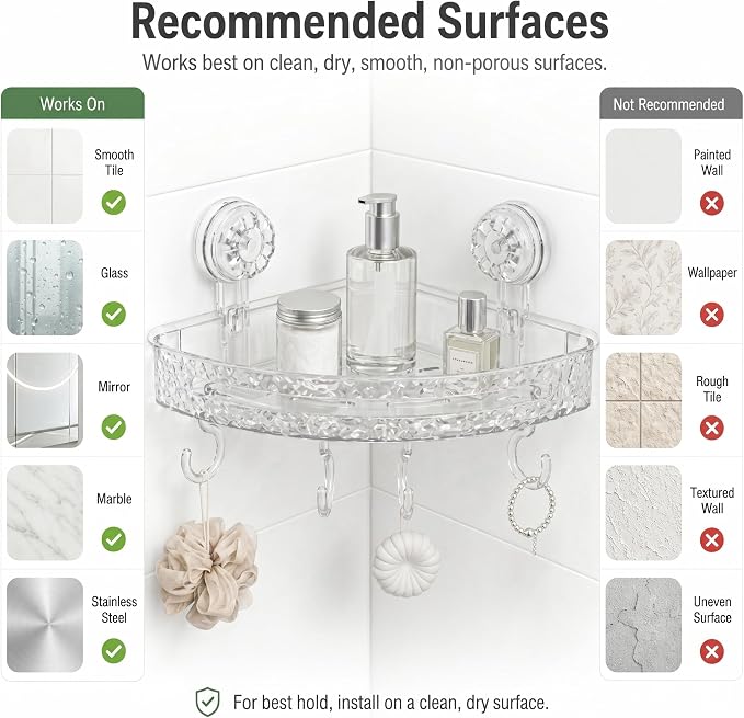 Corner Shower Caddy with Suction Cups, No Drill Corner Shower Shelf Organizer with Hooks, Clear Shower Storage Rack for Tile, Glass & Smooth Surfaces, White/Clear