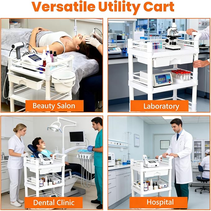 lesolar Medical Trolley 3 Tier Rolling Medical Utility Cart with Dirt Bucket & Drawer Heavy Duty Esthetician Trolley Cart for Spa Beauty Salon Wax