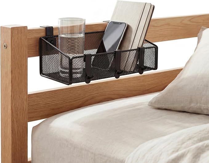 Bedside Shelf for Bed & Bunk Bed Storage Basket Office Cubical Wall Hanging Organizer - 5 Different Size Hooks - College Dorm Home Office Essentials for Phone,Book,Drink,Tissue (Black)