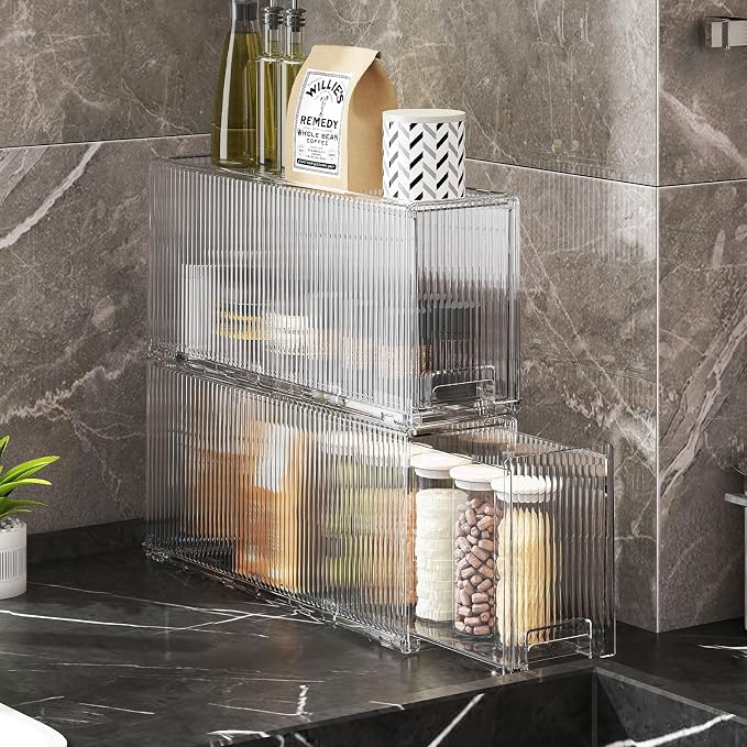 KHNR Slim 2 Tier Kitchen Spice Rack Shelf Organizer with Wheels, Narrow Gap Storage Cabinet for Bottles, Cans & Seasoning Jars, Food Grade PET, Perfect for Refrigerator Side or Pantry, Clear White