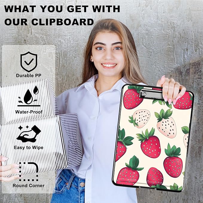 Heavy Duty Storage Clipboard, Slim Nursing Clipboard with Internal Pen Case, Portable File Organizer Case for A4 Letter Size Paper Office Medical Professionals, Pink Strawberry