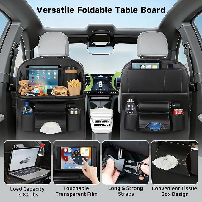 Car Seat Back Organizer with Foldable Table Tray Back of Seat Car Organizer with Touch Screen Phone Holder Premium Pu Leather Material for Kids, Pets & Travel Accessories(1 Pack)