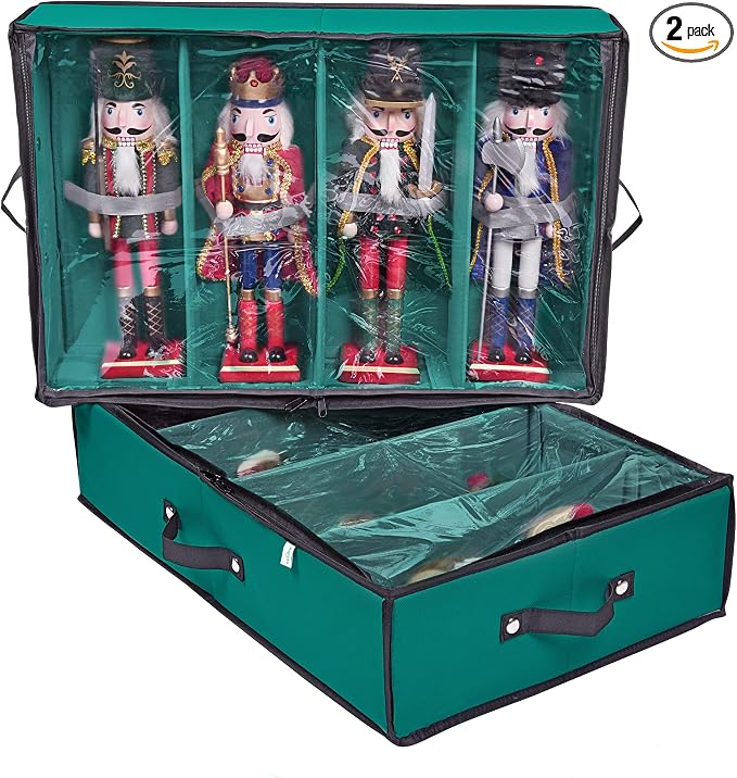 2 Pack Christmas Figures Storage Box | Each Holds 4 Holiday Figurines up to 16” | Adjustable Nutcracker Decor Ornament Storage Container | Xmas Decorations Accessories Boxes (Green)