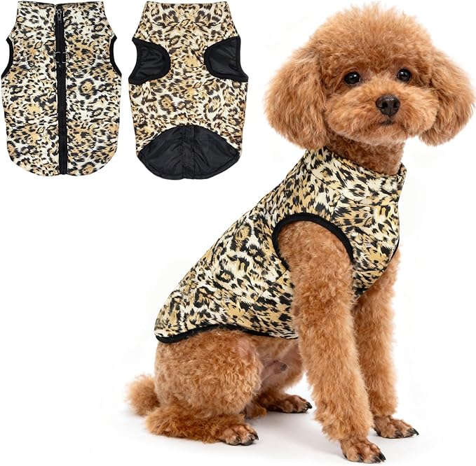 Idepet Pet Dog Cat Coat with Leash Anchor Color Patchwork Padded Puppy Vest Jacket Teddy Chihuahua Costumes Pug Cloth XS S M L(X-Small,Leopard)