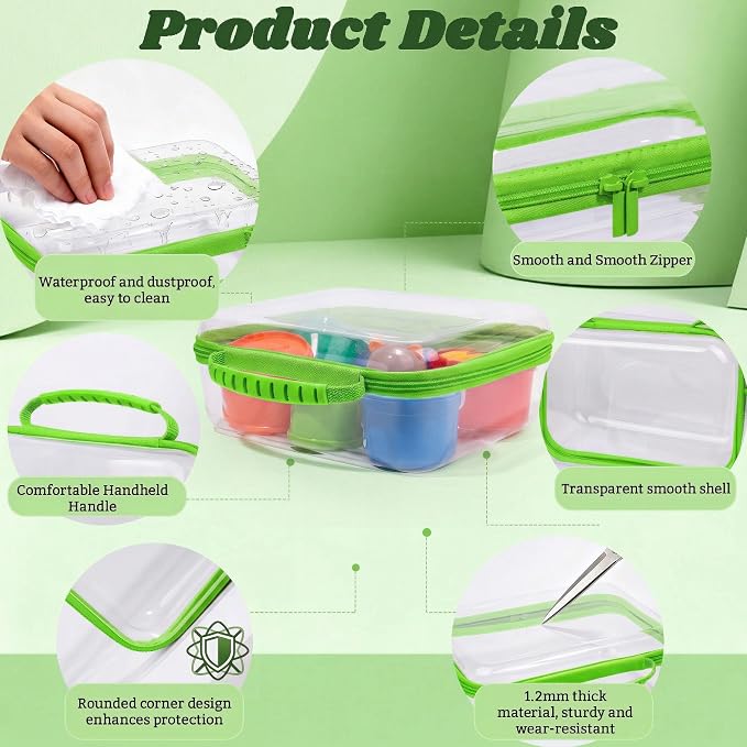 3 Pack Deep Clear Hard Shell Zipper Cases with Handle (Green) | Travel Toiletry Bag, Waterproof 1.2mm PET Hard Plastic Pouches, Organizer Box for Makeup, Toy, Snack, Stationery, Diaper